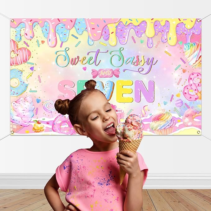 Mocsicka Donut 7th Birthday Banner Backdrop Sweet Sassy and Seven Birthday Party Decorations Banner for Girls Seven Birthday Party Banner for Phogography (Pink, 70.8x43.3 inch)