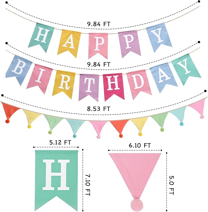 Happy Birthday Banner, Birthday Decorations with Pennant Flags, Colorful Imitated Burlap Birthday Signs with Cotton Crepe Triangle Bunting for Women Girls Boys Kids, Birthdate Party Celebration Backdrops