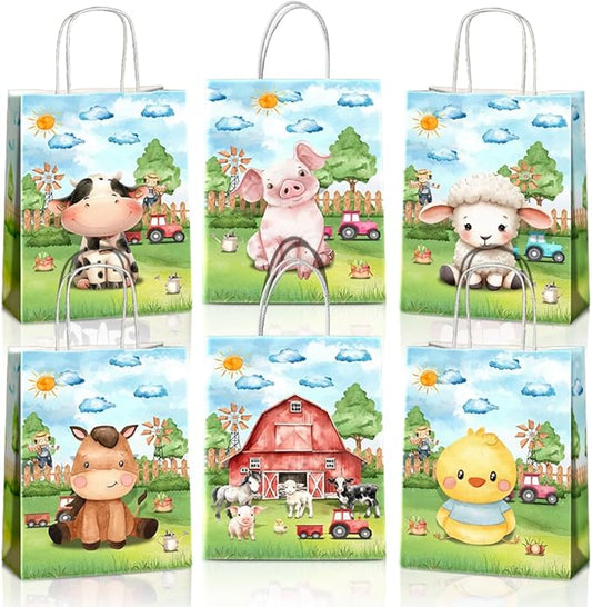 JOYGATHER 24 Pcs Farm Animals Party Favors Bags with Handles, Cute Goodie Gift Candy Treat Kraft Paper Bags with 6 Different Types for Birthday Baby Shower Party Supplies