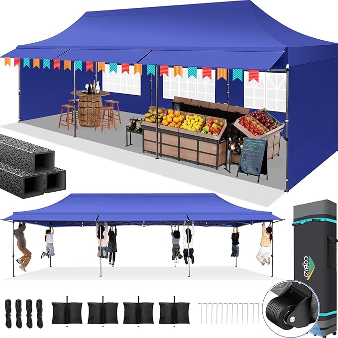 COBIZI 10X30 Pop Up Canopy Tent Heavy Duty with Sidewalls, Outdoor Commercial Canopy with Awning, Waterproof&69 SF Extended Awning, Vendor Tent for Market, Party Events, Dark Blue