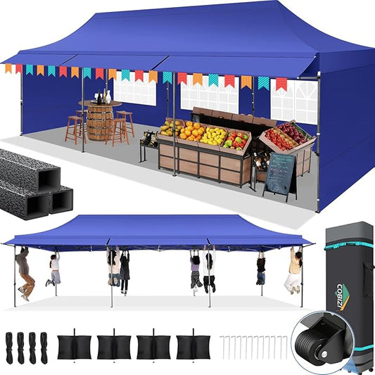 COBIZI 10X30 Pop Up Canopy Tent Heavy Duty with Sidewalls, Outdoor Commercial Canopy with Awning, Waterproof&69 SF Extended Awning, Vendor Tent for Market, Party Events, Dark Blue