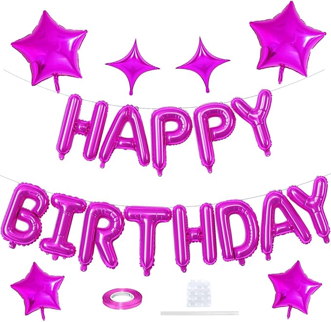 Happy Birthday Balloon Banner Hot Pink, 16 Inch Mylar Foil Letter Balloons, Reusable Birthday Decorations with Rose Red Hot Pink Star Foil Balloons, Inflatable Party Supplies for Women Girls Decor