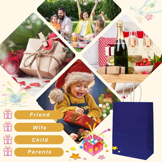 25 PCS Small Gift Bags Blue Kraft Paper Bags with Handles for Party Favors (8.2 x 6 x 3.1 In)