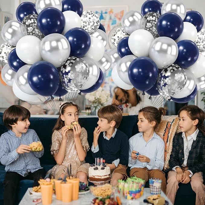 Zesliwy Navy Blue Silver Balloons Kit,50pcs 12inch Royal Dark Blue Metallic Silver White Balloon with Confetti Latex Balloon for Wedding Graduation 2026 Birthday Anniversary Party Decorations