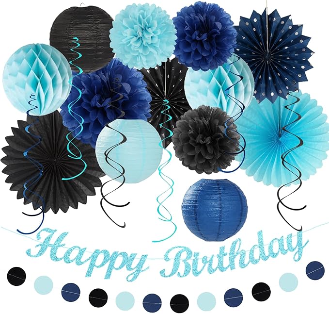 Light-Royal Navy-Blue Black Birthday Party-decorations - 21pcs Boys Men Happy Banner,Paper Streamers Lanterns Honeycomb,Tissue Pom Poms Fan,Adult Supplies Decor 16th 20th 40th 45th 50th 60th Huglony