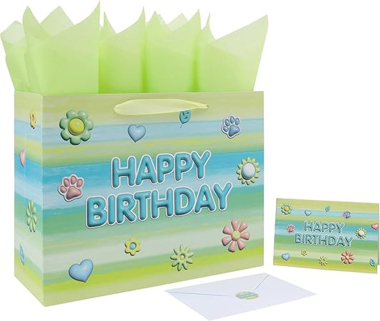 wishinside 13'' Large Birthday Gift Bag Set with Handles, Greeting Card, Tissue Papers and Stickers for Girls Women Kids Teens for Birthday Party, Girls' Parties, Birthday Design, 1 Pcs