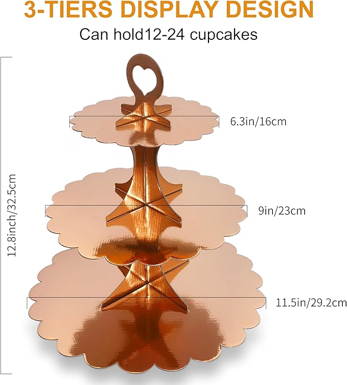 Rose Gold 3 Tier Cupcake Stand, Holds 24 Cupcakes, Cardboard Tower for Parties & Showers (1 Pack)