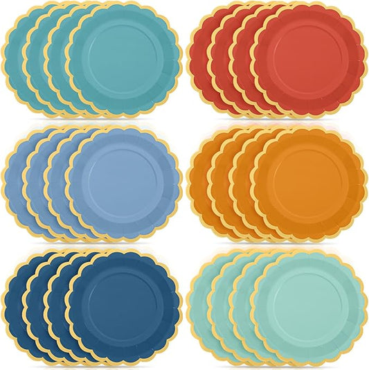 48 Pcs Boho Colorful Paper Plates 9 Inch Gradient Scalloped Paper Plates Disposable Dinner Dessert for Birthday Wedding Bridal Party Supplies, 6 Colors