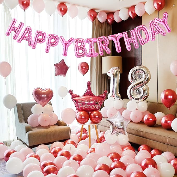 CANREVEL Happy Birthday Banner 13pcs 16 Inch Mylar Foil Letters Balloons Birthday Party Decorations for Kids and Adults - 3D Pink Heart