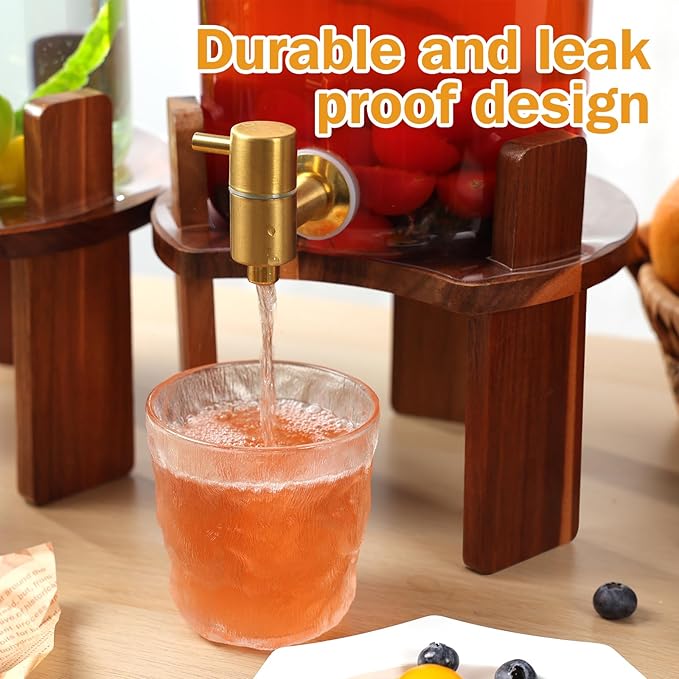 2 PCS 1.5 Gallon Glass Drink Dispenser, Beverage Dispenser With Wood Stand, Lid and Stainless Steel Spigot, Large Water Dispenser for Parties, Perfect for Lemonade, Juice, Tea and Daily Drinks