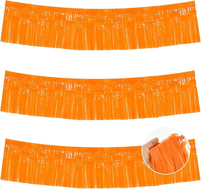 BEISHIDA 3 Packs Metallic Foil Fringe Garland Orange Wall Hanging Tinsel Fringe Banners for Halloween Car Floats Bridal Shower Wedding Birthday Easter Graduation Holiday Party Decoration(30 Feet)