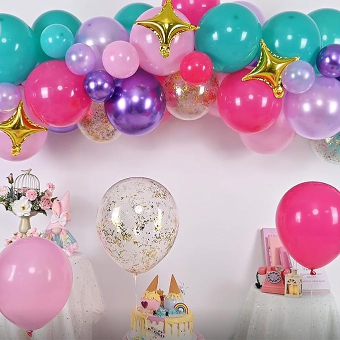 HILAVO Pink Purple Blue Balloon Arch Kit Teal Hot Pink Metallic Purple Party Latex Balloon Garland with Confetti and Star Foil Balloons for Girls Princess Birthday Baby Shower Neon Party Decorations