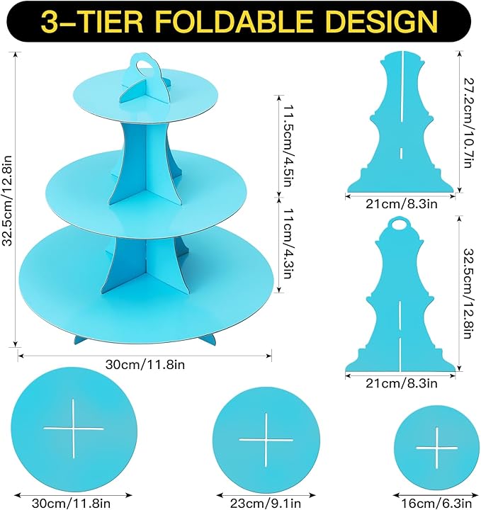 Soleebee 3-Tier Round Cupcake Stand, Cardboard Cupcake Tower, Dessert Cup Cake Stand Tower for Birthday Wedding Party Decoration, Cupcake Tier Stand 2 Set (Blue)