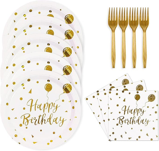 48PCS Happy Birthday Plates and Napkins Party Supplies, White and Gold Disposable Paper Plates and Napkins with Forks Tableware Set for Birthday Party Decorations 16 Guests