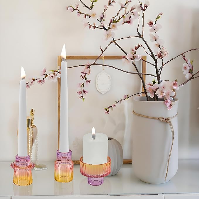 Double Sided Vintage Ribbed Taper Glass Candle Holders,Tea Candle Holder for Table Centerpieces, Wedding Decorations and Dinner Parties (Purple-Pink-Yellow, 6 PCS)