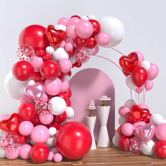 Lukiituke Valentines Balloon Arch Kit,134Pcs 4 Size Red and Pink Balloons with Foil Heart Shape Balloons for Valentine's Day Birthday Wedding Party Decorations