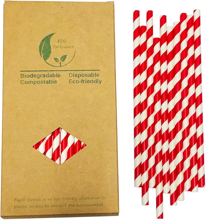 Red & White Striped Paper Straws, Disposable Drinking Straws for Birthday Christmas Party Decoration, 100% Biodegradable White Red Barber Stripes Straws Bulk 100