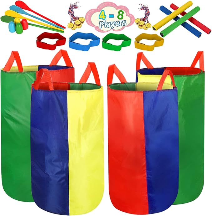 4-8 Player Potato Sack Race Bags Backyard Games for Kids and Adult, Field Day Birthday Party Outdoor Games for Kids Family,Carnival Game,Egg and Spoon Race,3 Legged Race,Relay Batons,Easter Fun Games