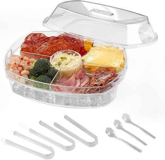 Chilled Serving Tray with Lid for Parties, 15-Inch Ice Serving Tray with Ice Underneath, 4-Compartment Fruit and Shrimp Cocktail Platter