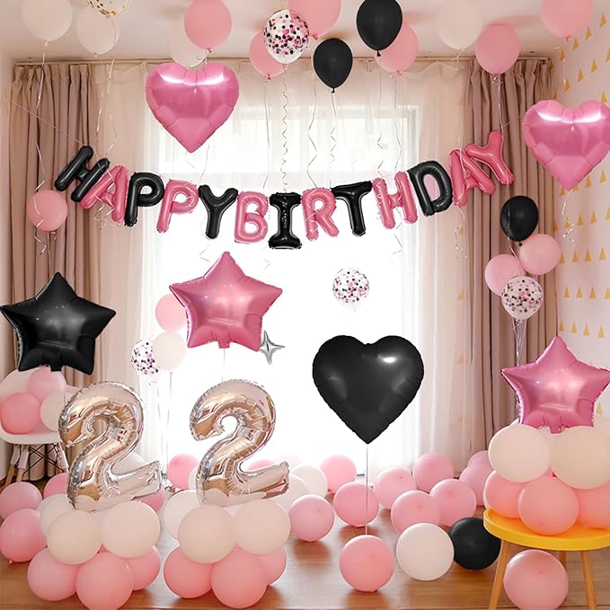 CANREVEL Happy Birthday Balloons Banner 16 Inch Mylar Foil Letters with Star & Heart Balloons Birthday Party Decorations for Men and Women - 30 Pcs Black Pink