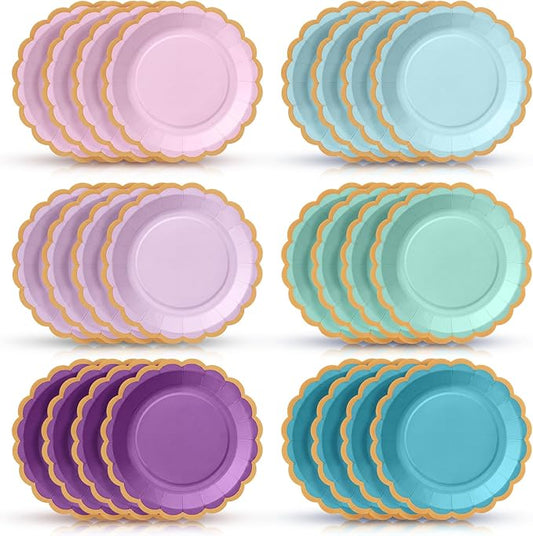 48 Pcs Mermaid Paper Plates 9 Inch Pink Blue Purple Scalloped Paper Disposable Dinner Dessert Plates for Birthday Wedding Bridal Party Supplies, 6 Colors