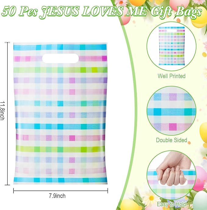 Epakh 100 Pcs Easter Checkered Gift Bags Bulk Plastic Goody Bags with Handles Pastel Rainbow Color Plaid Candy Gift Bag for Easter Baby Shower Spring Birthday Party Supplies