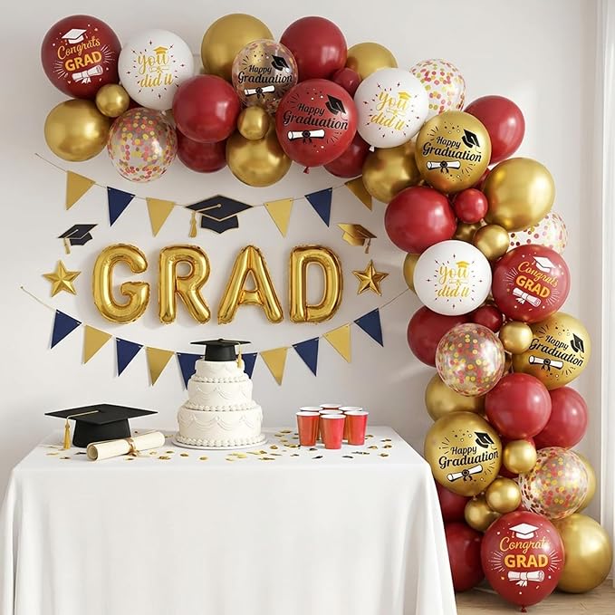 Burgundy and Gold Graduation Balloons Graduation Decorations 2026, 60Pcs Print Congrats Grad Balloons, Maroon Gold Confetti Latex Balloon, Class of 2026 Grad Party Decorations for College High School