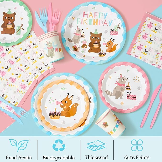 144Pcs Forest Woodland Animal Birthday Party Supplies Decorations Paper Plates Napkins Vintage Party Tableware Disposable Jungle Dinnerware Set for Kids Birthday Baby Shower Table Decor, Serve 24