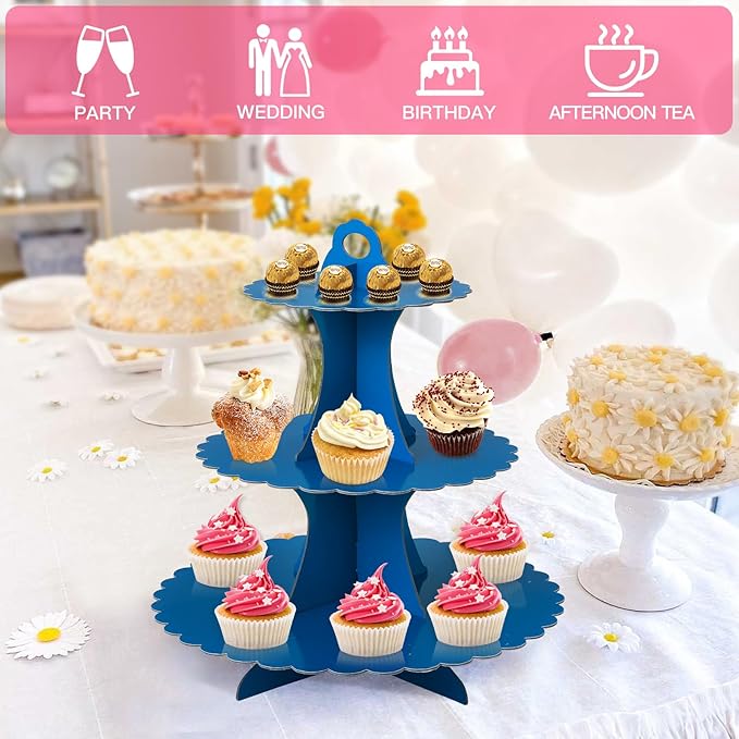 Soleebee 3-Tier Cupcake Stand, Cardboard Cupcake Tower, Dessert Cup Cake Stand Tower for Birthday Wedding Party Decoration, Cupcake Tier Stand 2 Set (Dark Blue)