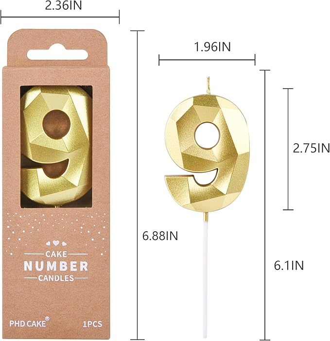 PHD CAKE 2.76 Inch Crystal Gold 9 Number Birthday Candles, Gold Cake Candles for Party Celebration