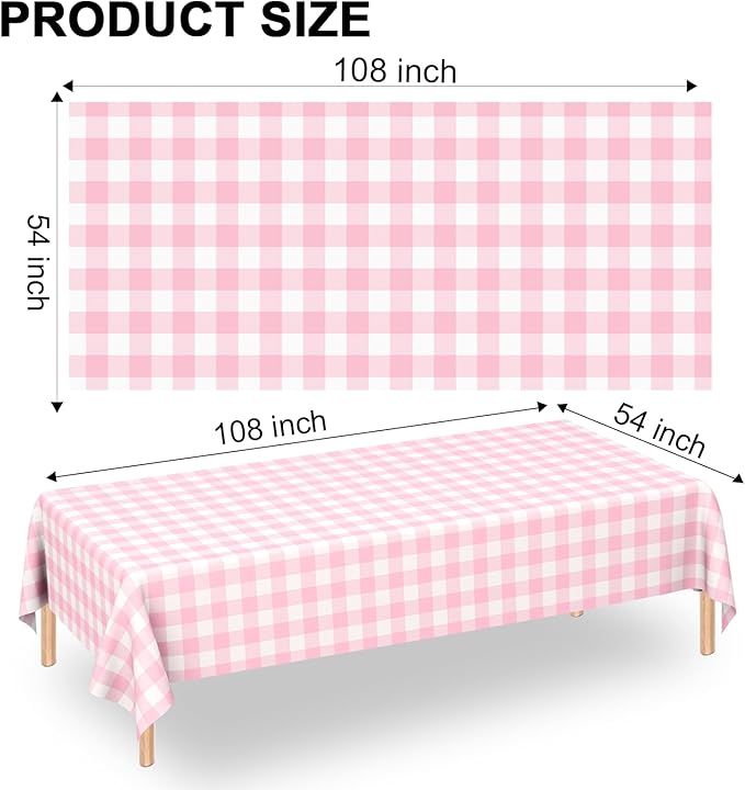 4 Pack Pink Gingham Tablecloth Rectangular Pink and White Checkered Tablecloths Disposable Plastic Pink Plaid Table Cover for Parties, Outdoor Picnic, Birthday, Wedding, Camping 54 × 108 Inch