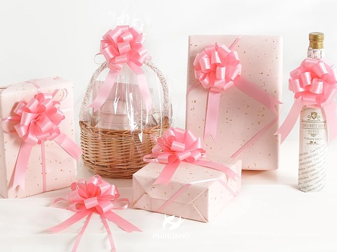 HUIHUANG Pink Bows for Gift Wrapping 12 PCS Pull Bows 4" x 8" Satin Gift Bow for Presents, Gift Basket, Paper Bag, Baby Shower Favors, Wrapping Accessories, Wedding Christmas Decor