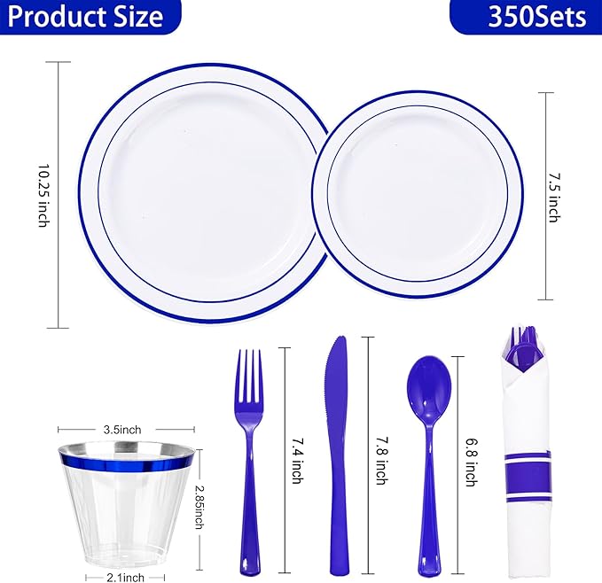 WELLIFE 350 Pcs Blue Plastic Plates for 50 Guests - Plastic Dinnerware Set,Party Supplies Includes 100 blue plates,150 Silverware,50 Napkins,50 Cups,Blue and White Plates