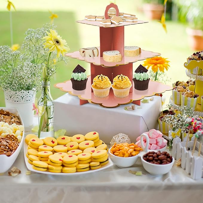 Cupcake Stand,3 Set of Square 3-Tier Dessert Plates Mini Cakes Fruit Candy Display Tower Cookie Tray Rack Candy Buffet Holder Cake Stand Cardboard Cupcake Stand Tiered Serving Stand (Pink)