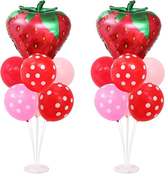 Strawberry Balloon Stand for Table Centerpiece Stand Kit 2 Sets with 2 Strawberry Foil Balloons and 14 Latex Pastel Balloons for Strawberry Themed Birthday Party Decorations