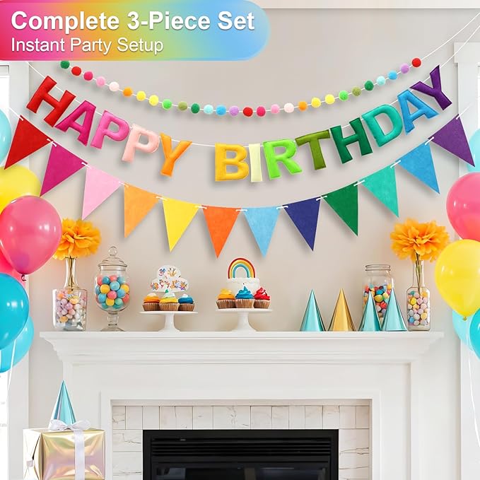 Pre-Strung Happy Birthday Banner & Felt Garland Set - Colorful Birthday Decorations for Women Men Boys Girls | Reusable Party Supplies for Indoor & Outdoor