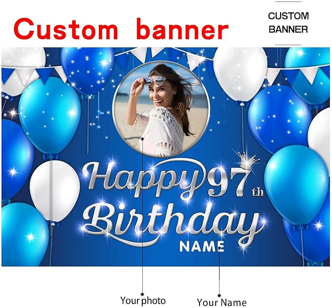 Custom Happy 97th Birthday Decoration Banner - Personalized Navy Blue Birthday Party Banner in Large Sizes-Custom Photos and Names