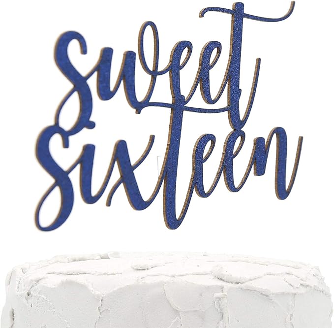 16th Birthday Cake Topper - Sweet Sixteen - Double Sided Navy Blue Glitter - Premium Quality Made in USA