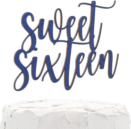 16th Birthday Cake Topper - Sweet Sixteen - Double Sided Navy Blue Glitter - Premium Quality Made in USA