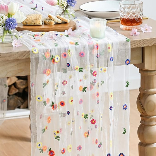 Artoid Mode Embroidery Daisy Gauze Table Runner 120 Inch 10FT, Seasonal Sheer Kitchen Dining Holiday Wedding Birthday Table Decor for Home Party