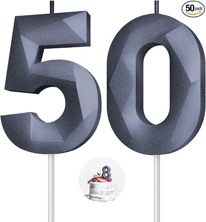 Number Birthday Candles(50 Candle Black) 3D Diamond Shape 50th Happy Birthday Cake Topper Decorations for Women Men Birthday Wedding Anniversary Celebration Theme Party Supplies