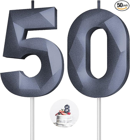 Number Birthday Candles(50 Candle Black) 3D Diamond Shape 50th Happy Birthday Cake Topper Decorations for Women Men Birthday Wedding Anniversary Celebration Theme Party Supplies