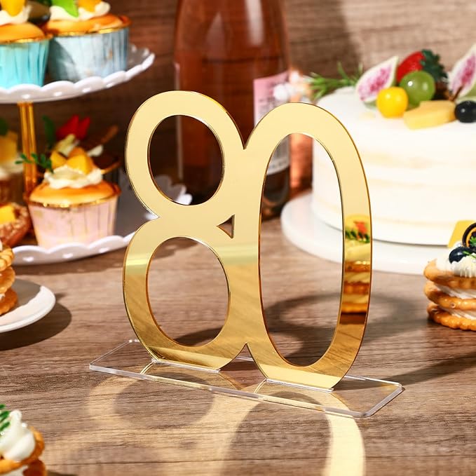 Threehoney 12 Pcs Mirror Gold 80th Birthday Decorations for Men and Women Acrylic Anniversary Decorations Table Numbers Centerpieces for Birthday Party