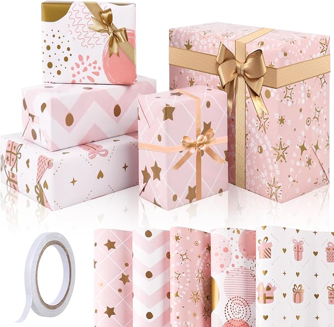 Pink Christmas Wrapping Paper, Girl Wrapping Paper with Metallic Gold Foil Design, Birthday Wrapping Papers for Girls and Women, Gift Wrapping Supplies for Birthday, Valentines Day, Christmas, Baby Shower, 27.5x19.6Inch