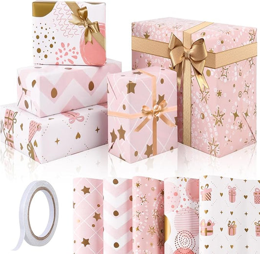 Pink Christmas Wrapping Paper, Girl Wrapping Paper with Metallic Gold Foil Design, Birthday Wrapping Papers for Girls and Women, Gift Wrapping Supplies for Birthday, Valentines Day, Christmas, Baby Shower, 27.5x19.6Inch