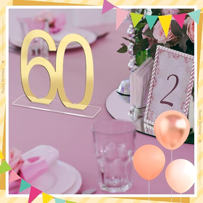 Threehoney 12 Pcs Mirror Gold 60th Birthday Decorations for Men and Women Acrylic Anniversary Decorations Table Numbers Centerpieces for Birthday Party