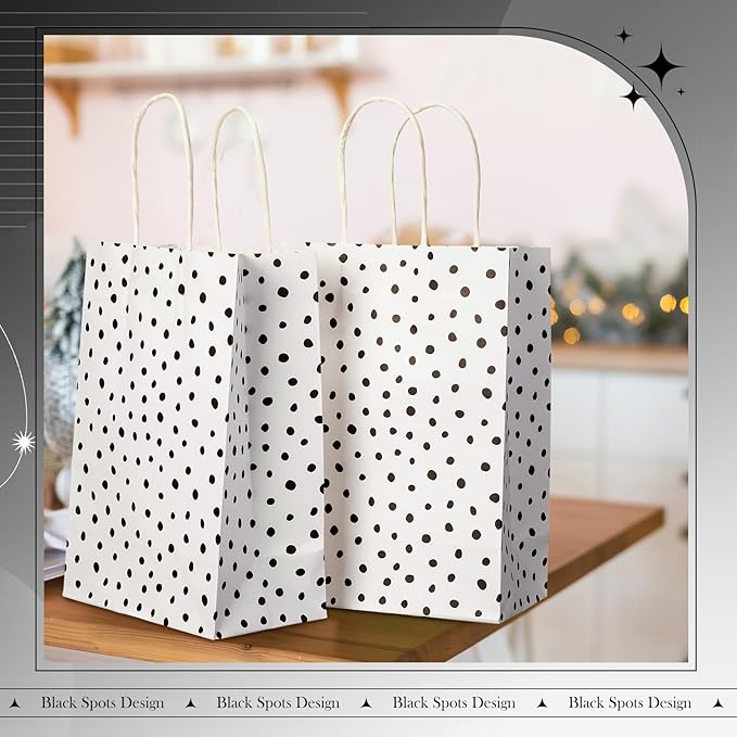 Humyoun 24 Pcs Black Painted Dots Gift Bags Paper Goodies Bags with Handles Polka Dot Candy Treat Gifts Wrapping for Baby Shower Wedding Birthday Party Supplies