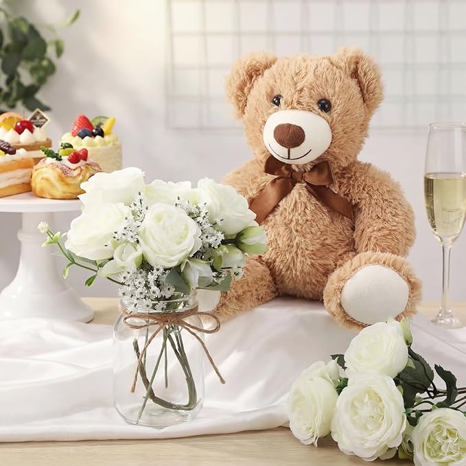 6 Set Baby Shower Bear Centerpieces for Tables Mason-Style Glass Jars with Artificial Peonies and Baby's Breath Rustic Table Decor for Gender Reveal Party Wedding (Brown)
