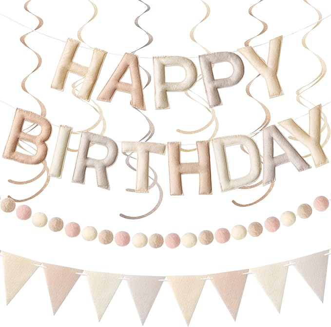 Kriyokiaa Pre-Strung Felt Happy Birthday Banner Retro Neutral Happy Birthday Party Decorations with Pom Pom Garland, Flag and Hanging Swrils for Women Men Boys Girls Party Decor