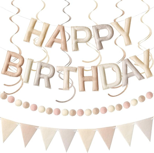 Kriyokiaa Pre-Strung Felt Happy Birthday Banner Retro Neutral Happy Birthday Party Decorations with Pom Pom Garland, Flag and Hanging Swrils for Women Men Boys Girls Party Decor
